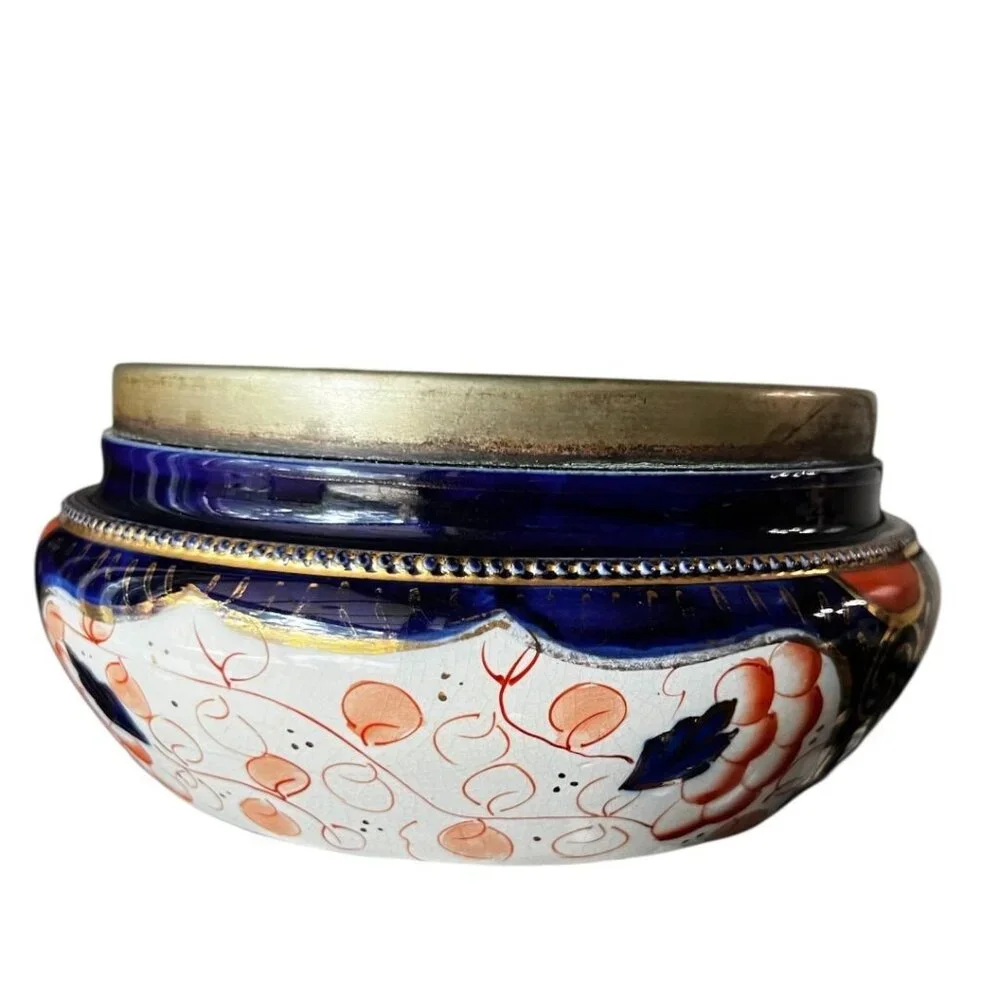 Antique A. Wood & Co Jardinière Bowl‎ Cobalt Floral Gold Brass Rim Crown Mark